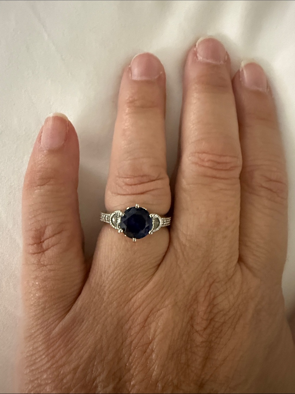 Qvc Sterling Silver Deep Blue Simulated Sapphire Ring with Halo Accents